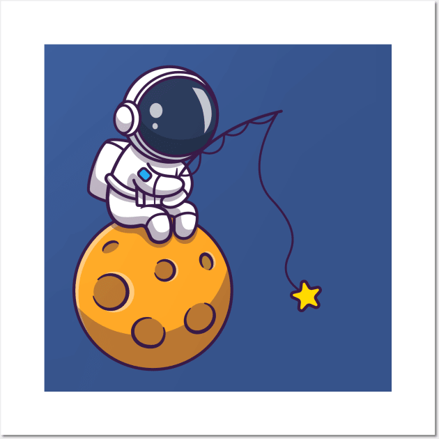 Cute Astronaut Fishing Star On Moon Cartoon Wall Art by Catalyst Labs